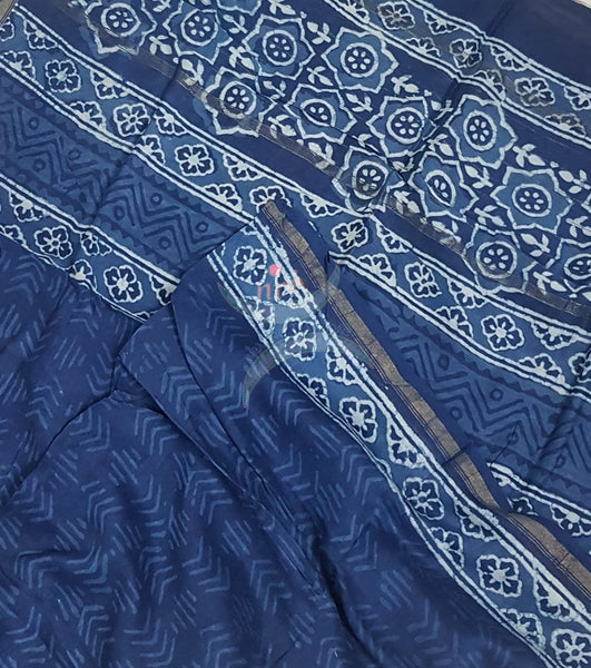 Handloom handblock printed indigo Chenderi suit set with chenderi bottom.