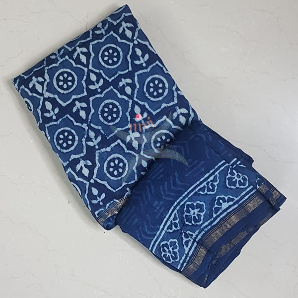 Handloom handblock printed indigo Chenderi suit set with chenderi bottom.
