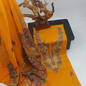 Mustard orange Kashmiri Ari work suit sets with chiffon dupatta.