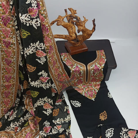 Black Kashmiri Ari work suit sets with chiffon dupatta.