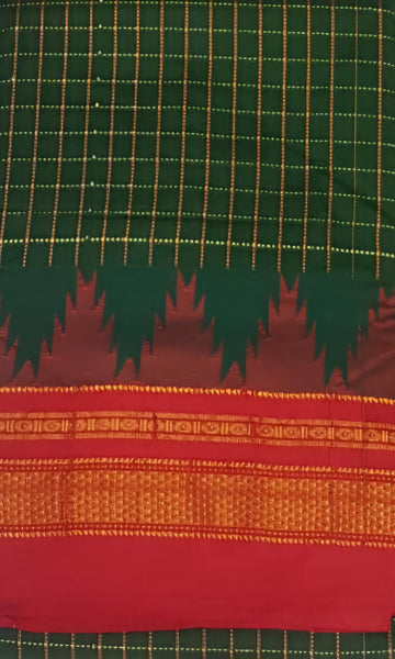 Green checkered Gadwal mercerised cotton saree with contrasting red temple border and pallu.