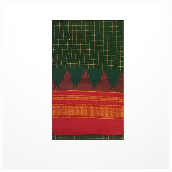 Green checkered Gadwal mercerised cotton saree with contrasting red temple border and pallu.