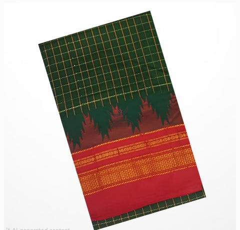 Green checkered Gadwal mercerised cotton saree with contrasting red temple border and pallu.