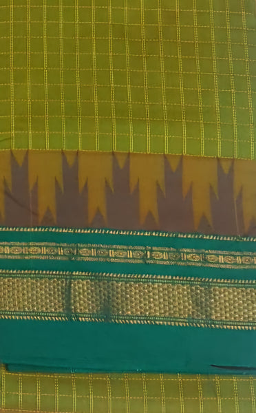 Green checkered Gadwal mercerised cotton saree with contrasting teal temple border and pallu.