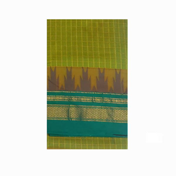 Green checkered Gadwal mercerised cotton saree with contrasting teal temple border and pallu.