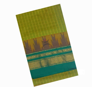 Green checkered Gadwal mercerised cotton saree with contrasting teal temple border and pallu.