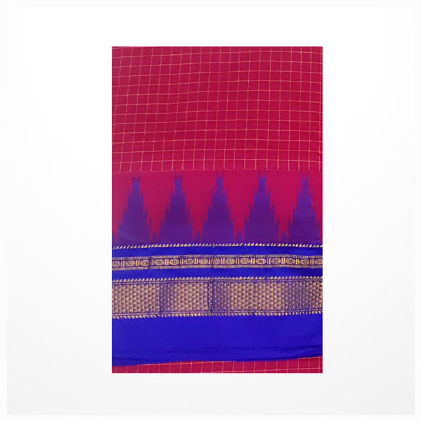 Pink checkered Gadwal mercerised cotton saree with contrasting royal blue temple border and pallu.