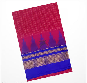 Pink checkered Gadwal mercerised cotton saree with contrasting royal blue temple border and pallu.