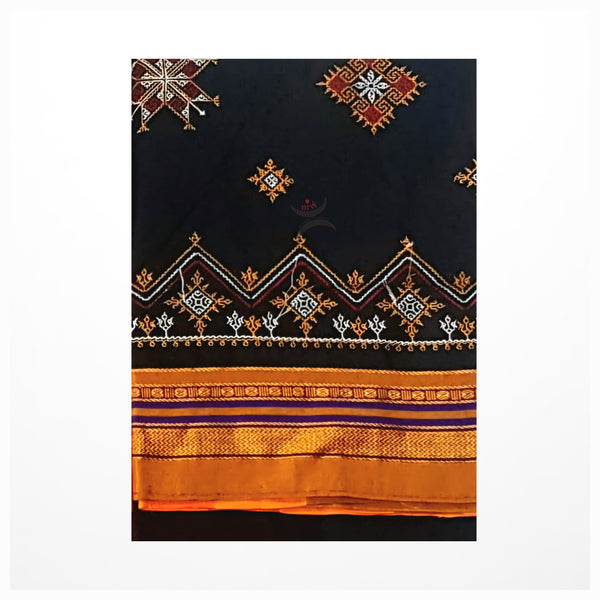 Black Kasuti geometric motif machine embroidered cotton blend saree