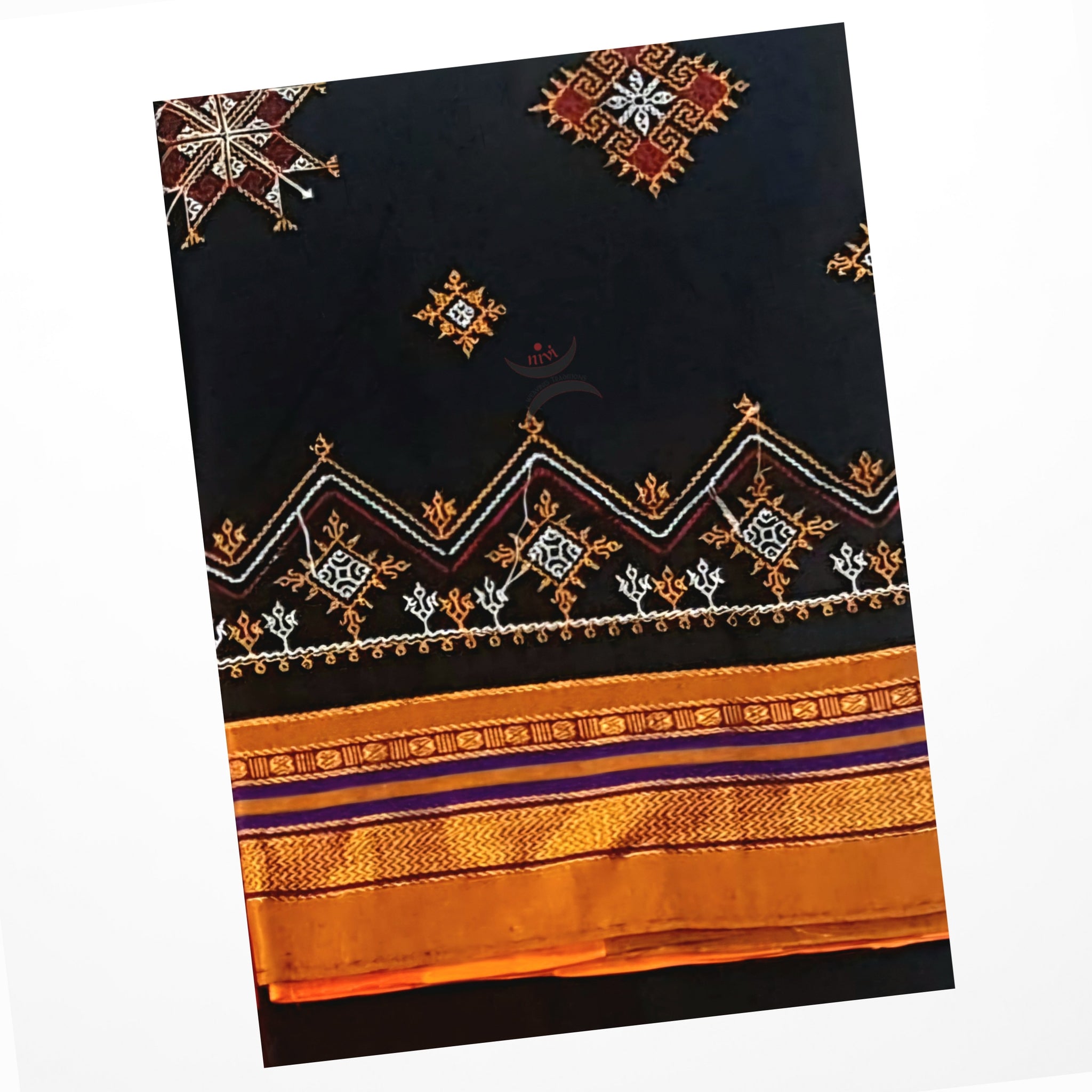 Black Kasuti geometric motif machine embroidered cotton blend saree