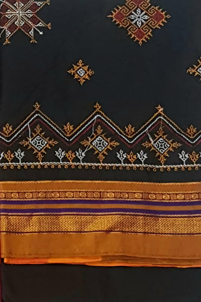 Black Kasuti geometric motif machine embroidered cotton blend saree