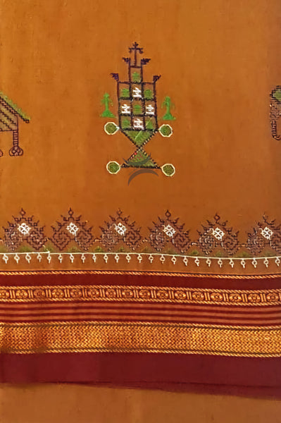 Orange Kasuti gopura motif machine embroidered cotton blend saree