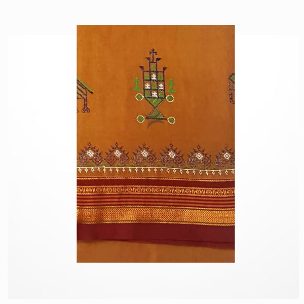 Orange Kasuti gopura motif machine embroidered cotton blend saree