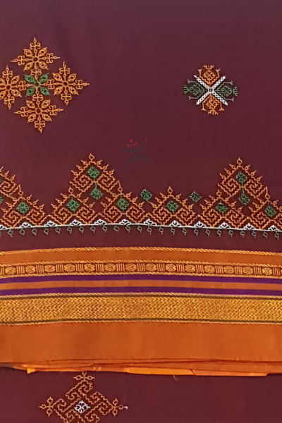 Maroon Kasuti geometric motif machine embroidered cotton blend saree