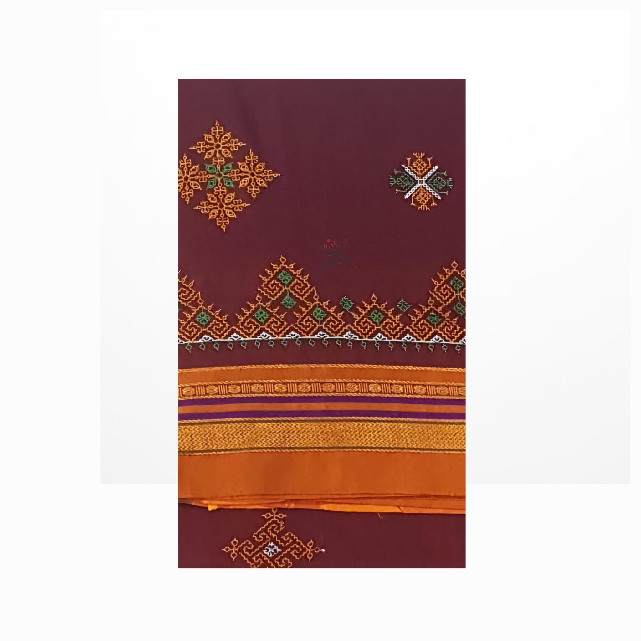 Maroon Kasuti geometric motif machine embroidered cotton blend saree