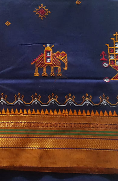 Blue Kasuti anne ambari motif machine embroidered cotton blend saree