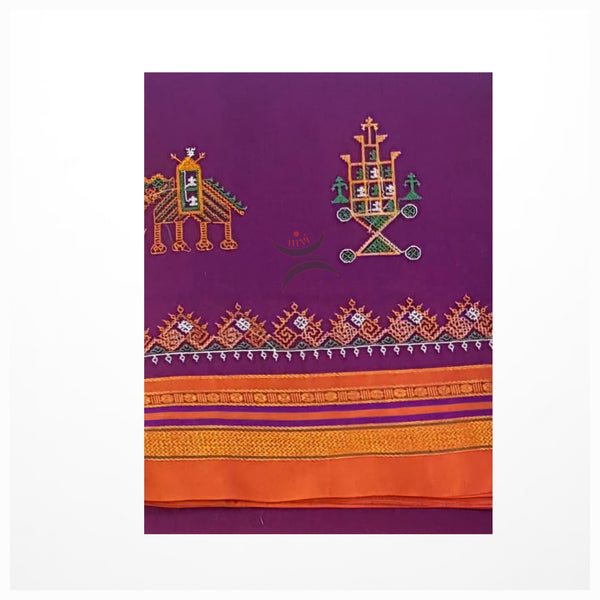 Purple Kasuti motif machine embroidered cotton blend saree