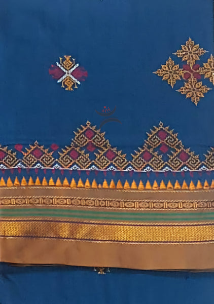 Blue Kasuti motif machine embroidered cotton blend saree