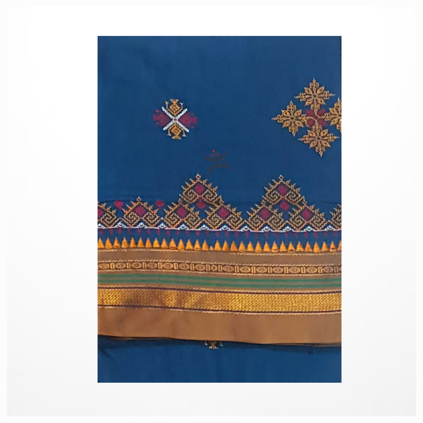 Blue Kasuti motif machine embroidered cotton blend saree