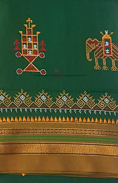 Green Kasuti motif machine embroidered cotton blend saree