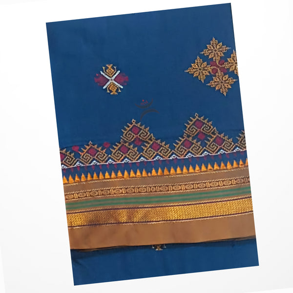 Blue Kasuti motif machine embroidered cotton blend saree