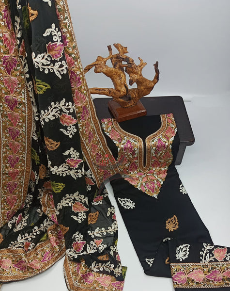 Black Kashmiri Ari work suit sets with chiffon dupatta.