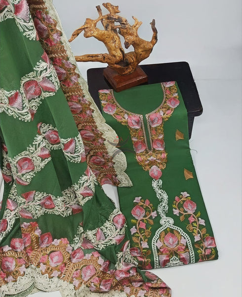 Green Kashmiri Ari work suit sets with chiffon dupatta.