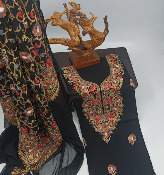 Black Kashmiri Ari work suit sets with chiffon dupatta.