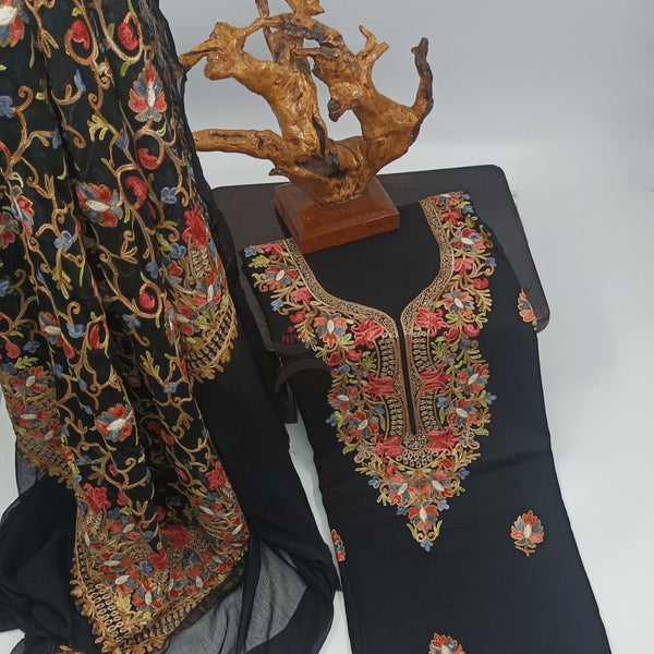 Black Kashmiri Ari work suit sets with chiffon dupatta.