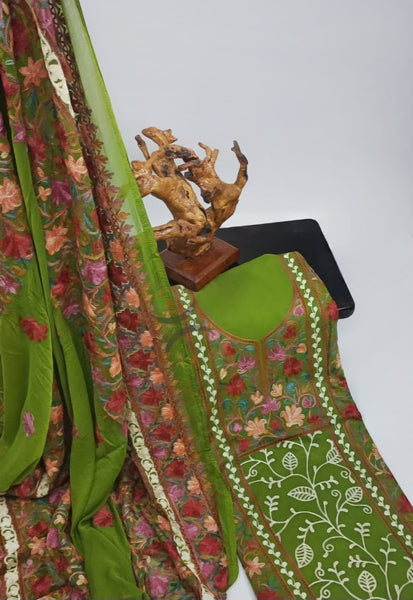 Green Kashmiri Ari work suit sets with chiffon dupatta.