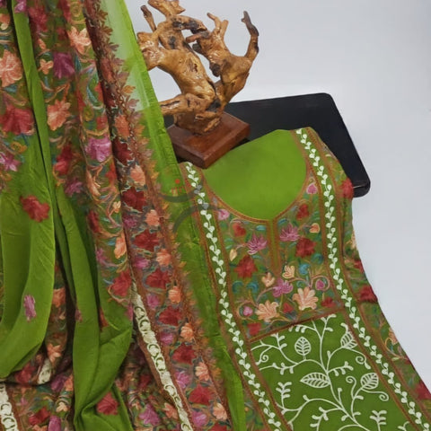 Green Kashmiri Ari work suit sets with chiffon dupatta.