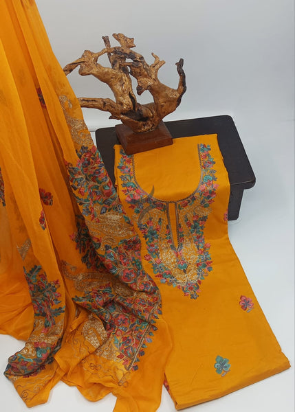 Mustard orange Kashmiri Ari work suit sets with chiffon dupatta.