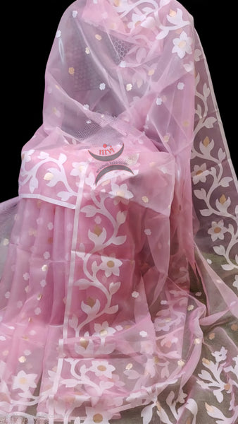 Pink powerloom kora organza woven saree, comes with blouse piece