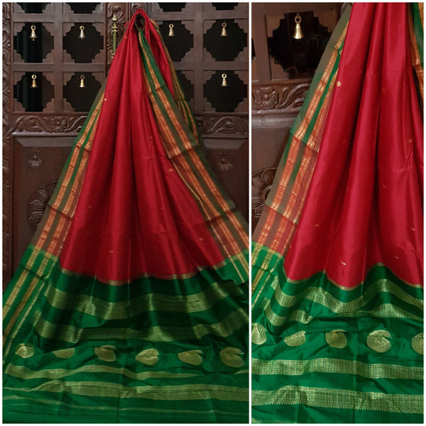 Red silk narayanpet with contrasting pallu