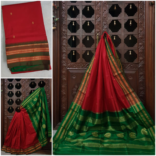Red silk narayanpet with contrasting pallu