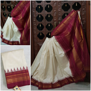Off white handwoven silk Ilkal with maroon temple border