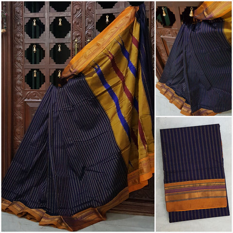 Navy blue Handwoven silk cotton striped ilkal