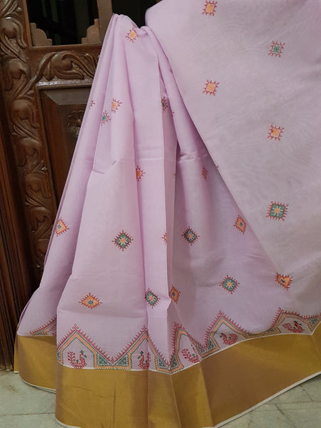 Kasuti embroidered cotton Saree with tissue border
