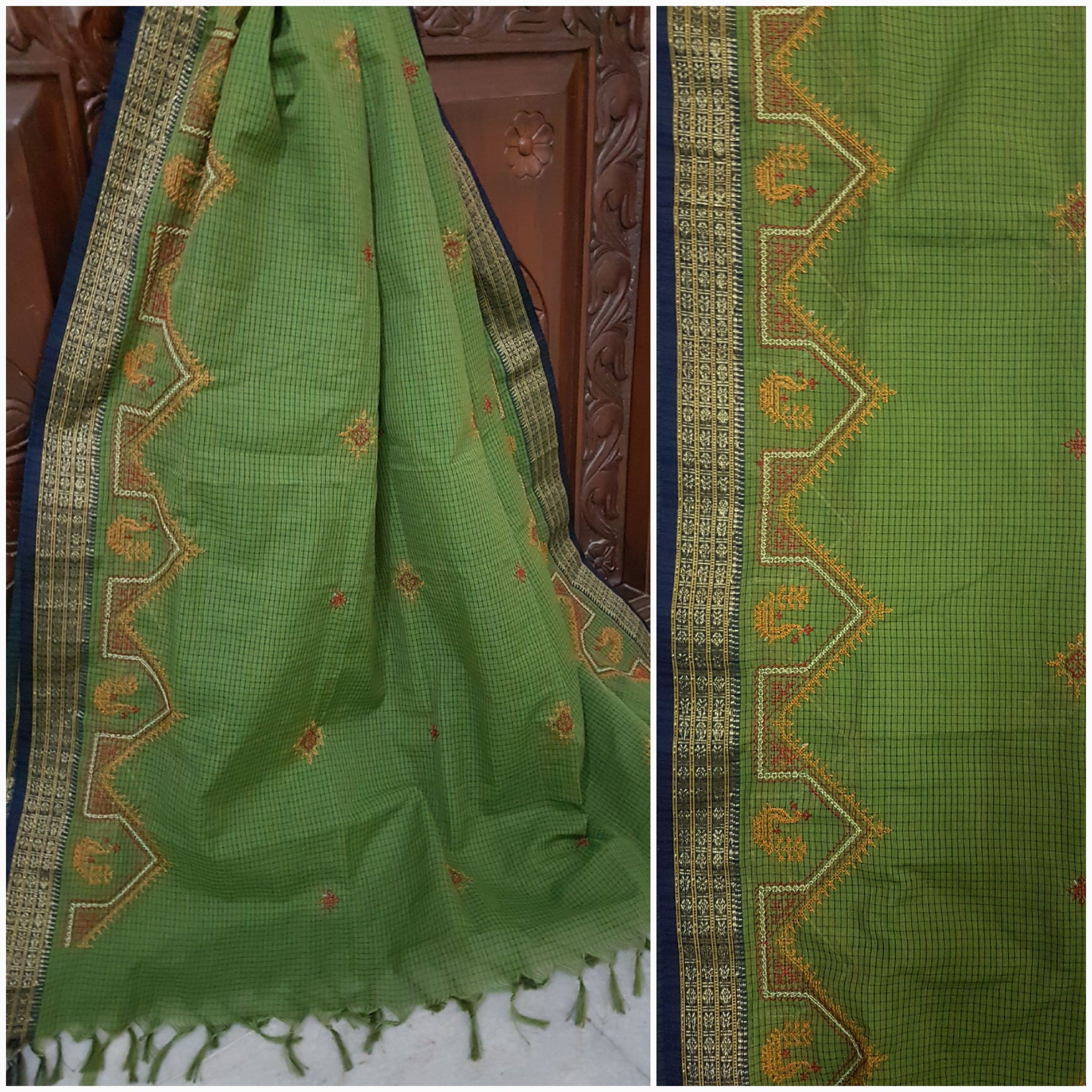 Green checked cotton kasuti embroidered Dupatta