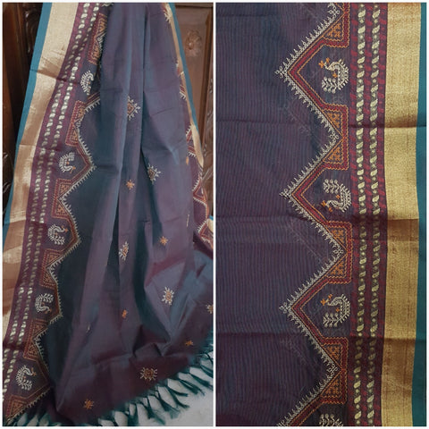 Two tone grey maroonish Kasuti embroidered dupatta