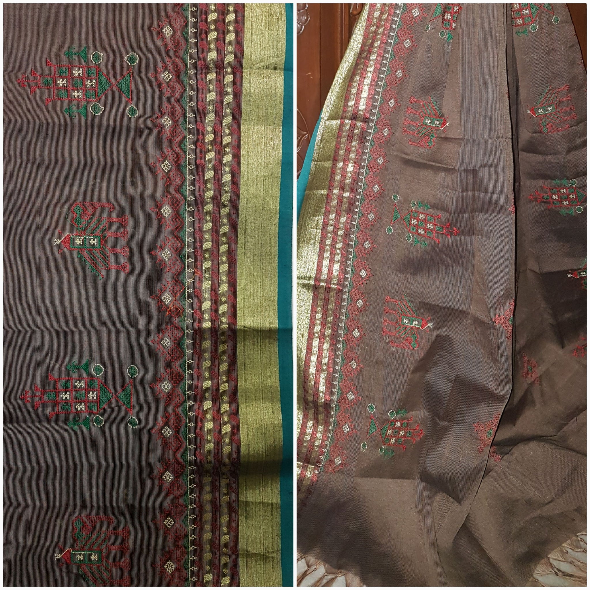 Two tone grey shot with maroon kasuti embroidered dupatta