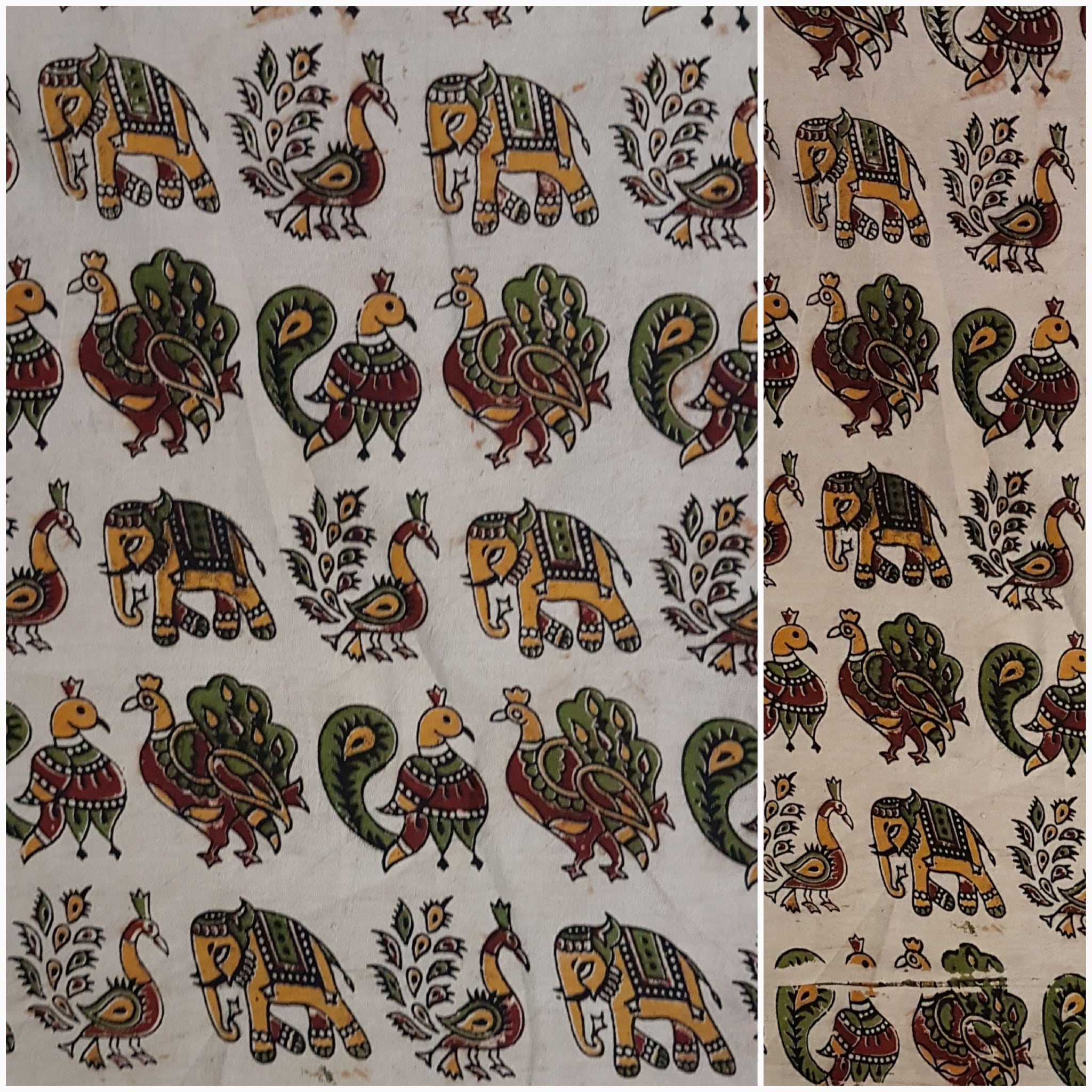 Soft mul cotton kalamkari with peacock and elephant motif