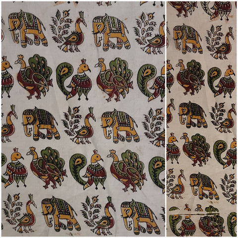 Soft mul cotton kalamkari with peacock and elephant motif