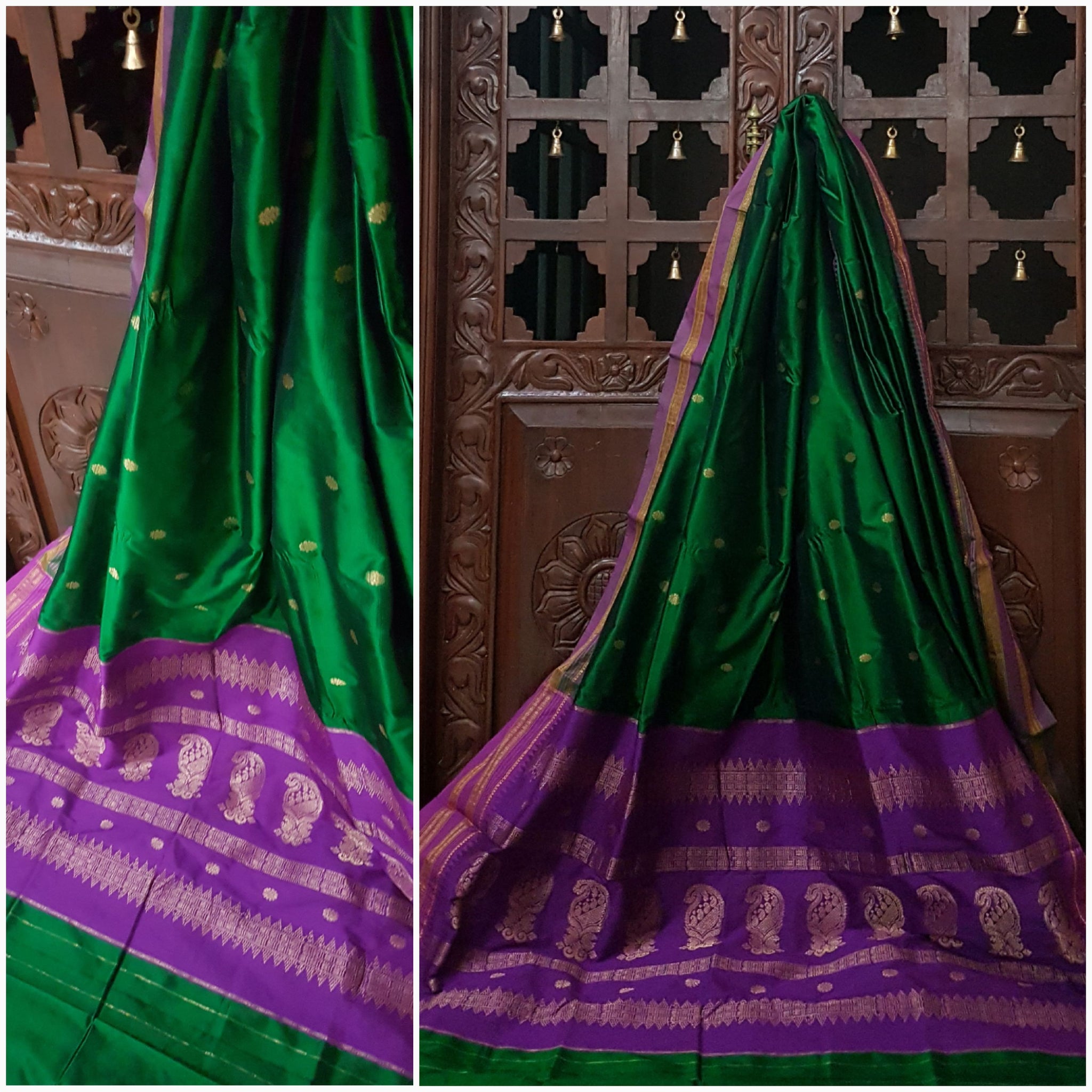 Green silk narayanpet with contrasting pallu