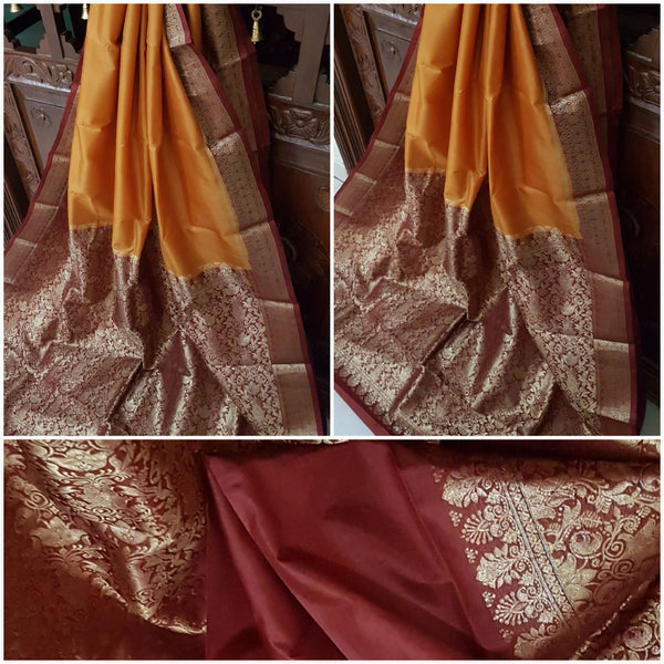 Handwoven mustard Soft silk with zari on border and pallu