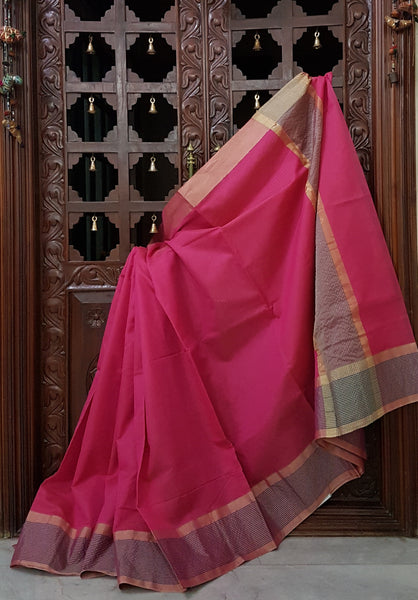 Pink art silk cotton with striped border and pallu
