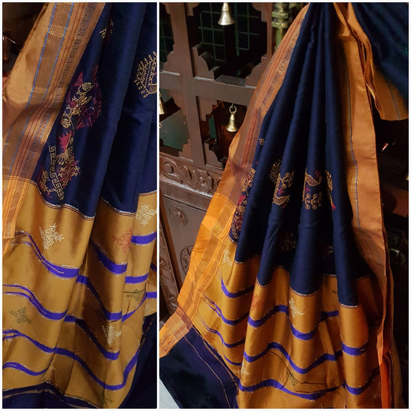Dark blue silk cotton Ilkal with kasuti embroidery