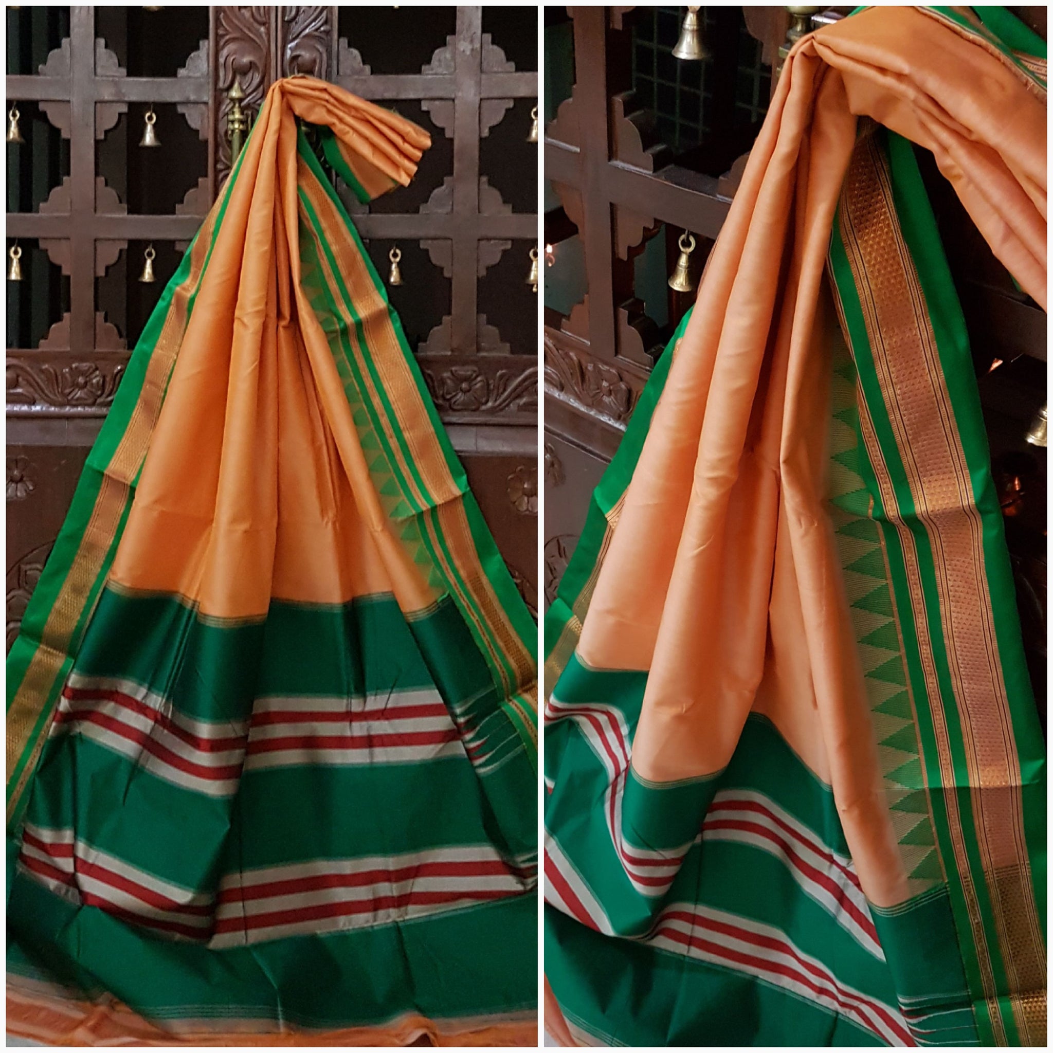 Peach cotton Gadwal with green temple border