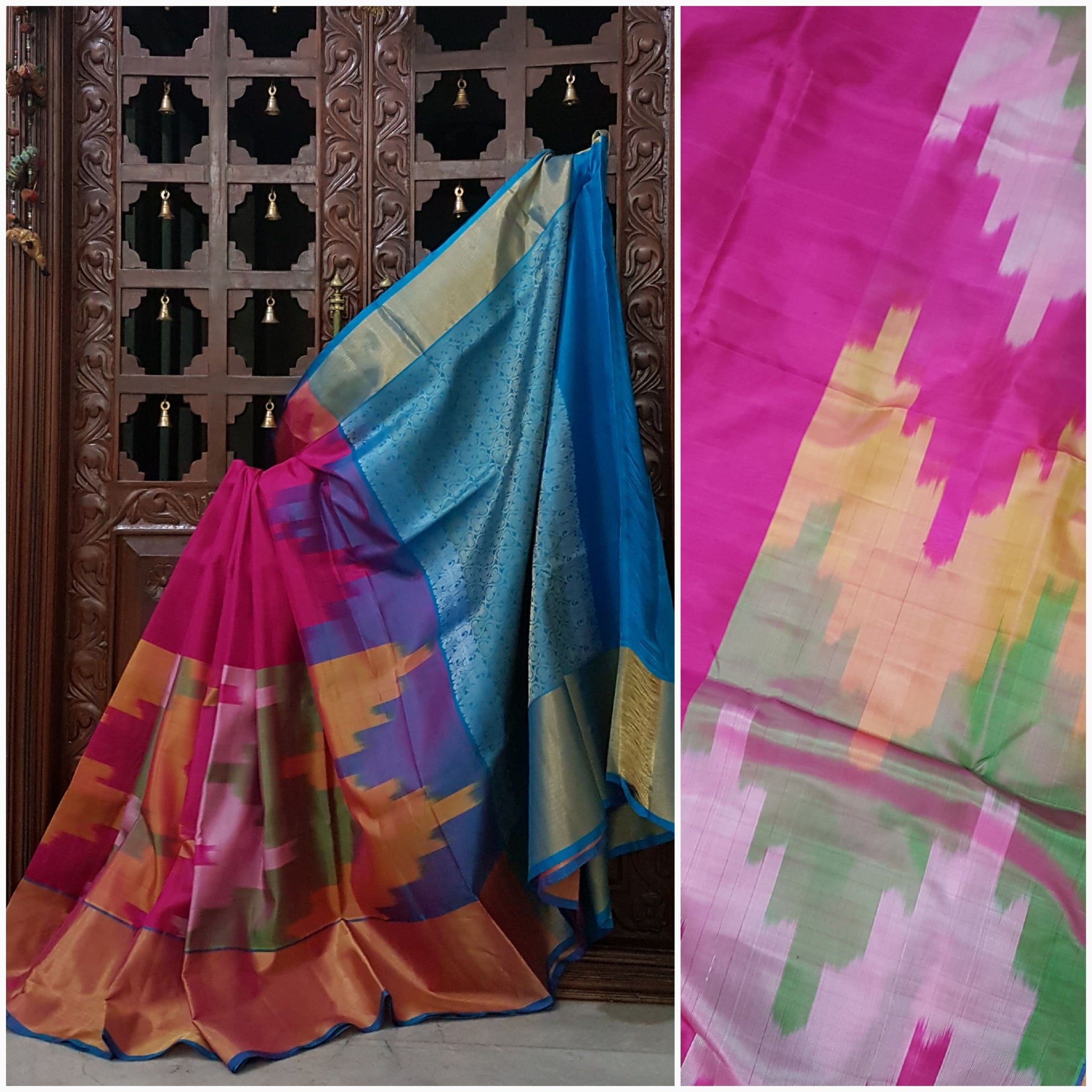 Handwoven silk pochampalli with brocade pallu and contrasting blouse piece.