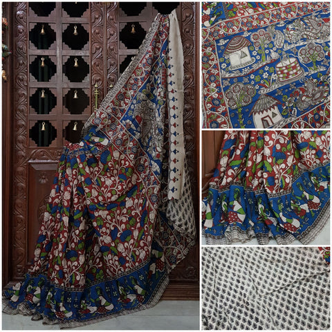 Chennur silk kalamkari with intricate village scene on pallu.